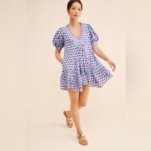 Anthropologie Maeve Puff Sleeve V Neck Medallion Lined Mini Dress Size Medium